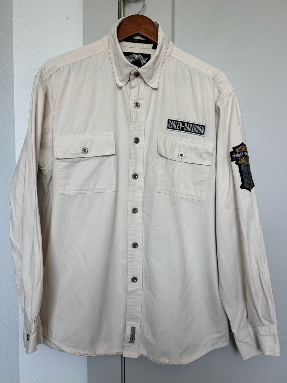 HARLEY DAVIDSON BEIGE LONG SLEEVE BUTTON FRONT UTILITY SHIRT MENS LARGE